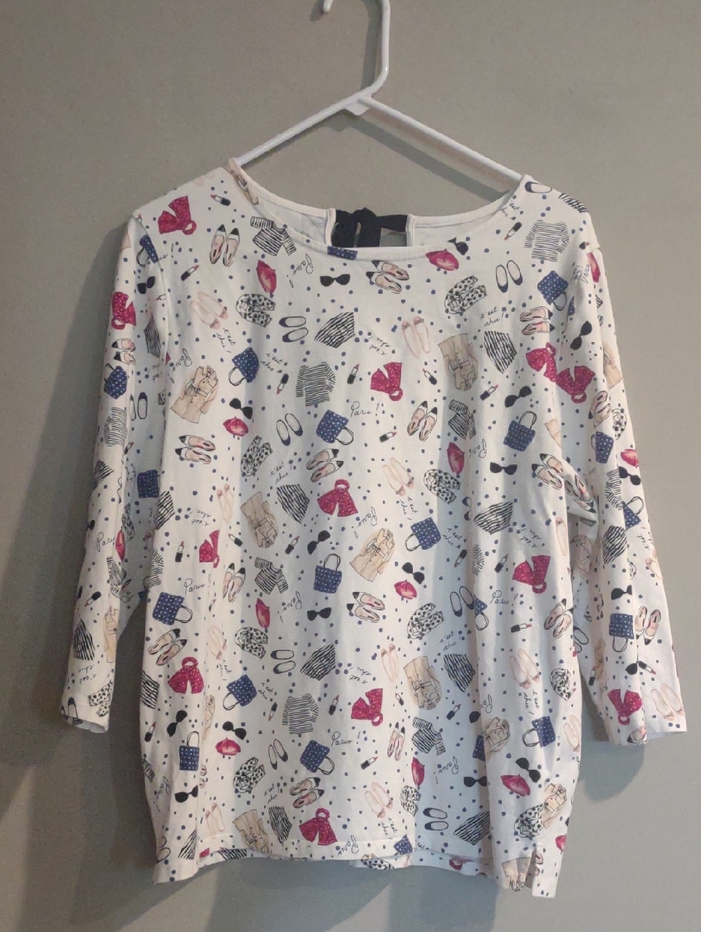 Talbots Women's Xlg White Paris Print 3/4 Length Sleeve W/Tie Closure Top
